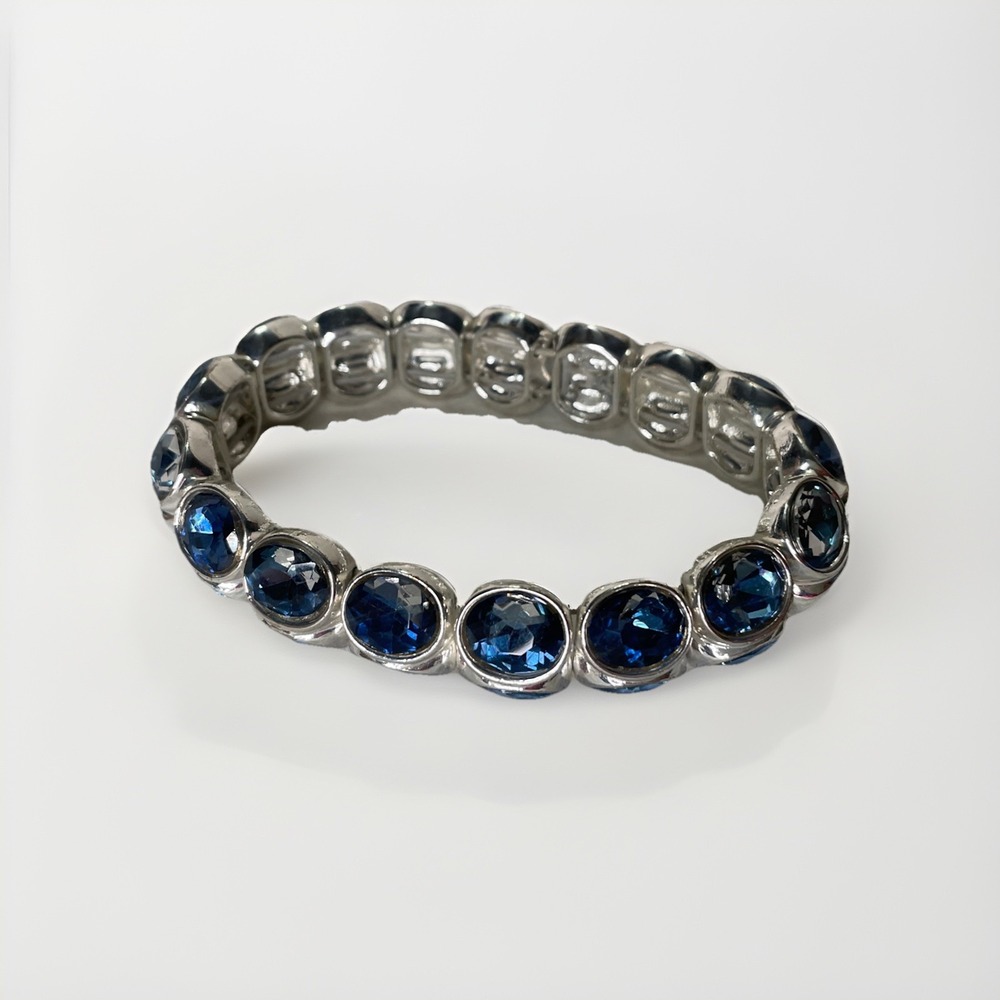 Sparkle Blue Saphire & Rhinestones Double Strand Bracelet Silver Tone Heavy